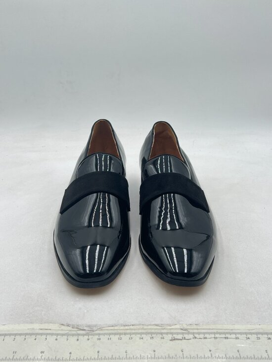 FSJ Black Men\'s Square Toe Slip-On Loafers Patent Leather Strap Across Shoes main image 8